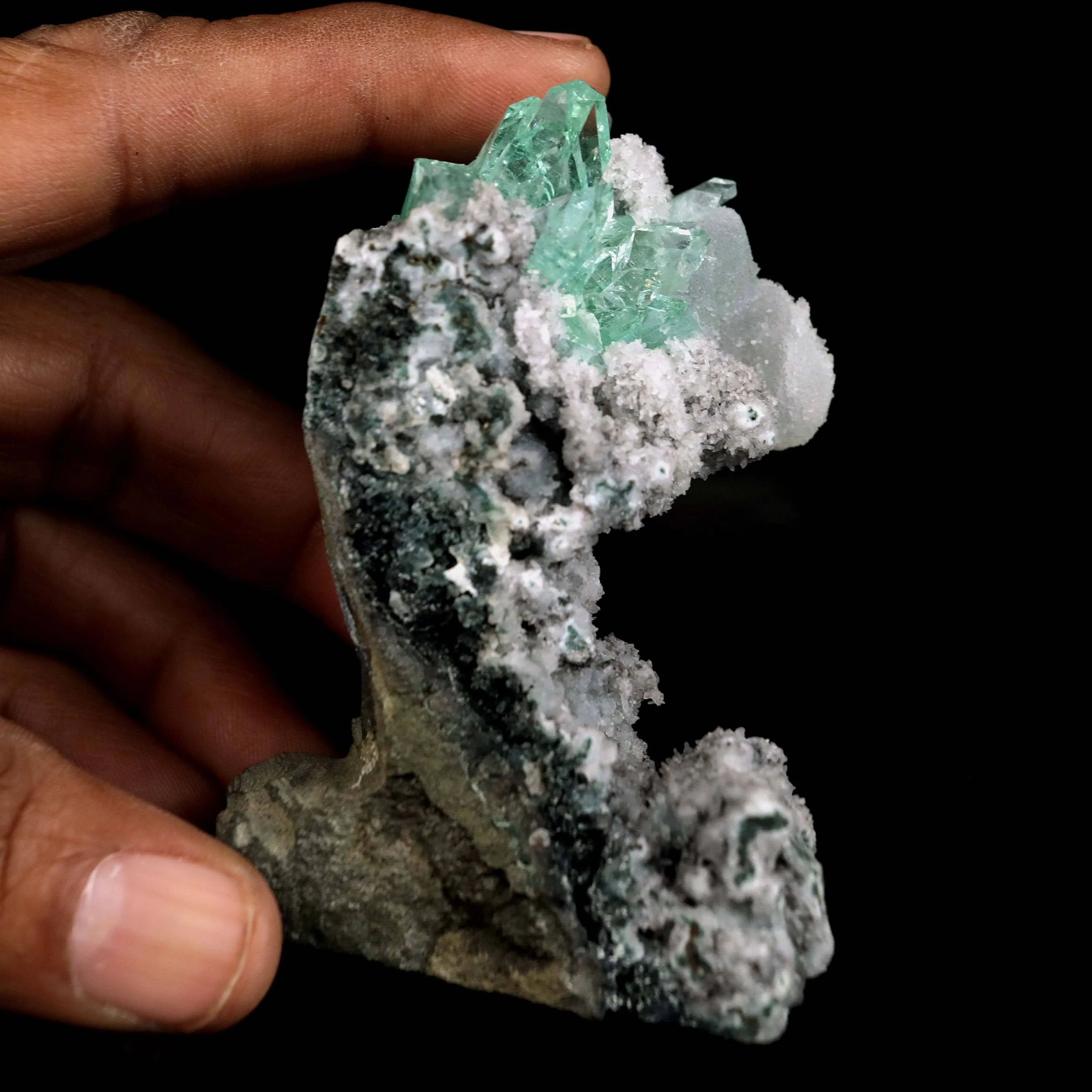 Green Apophyllite with Coated Calcite on Black Chalcedony Natural Mineral Specimen - image 5