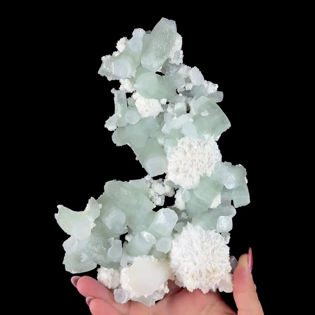Green Apophyllite with Cotton-Ball Mordenite & Stilbite - Raw Indian Zeolite Cluster from Ahilyanagar ,India - image 2