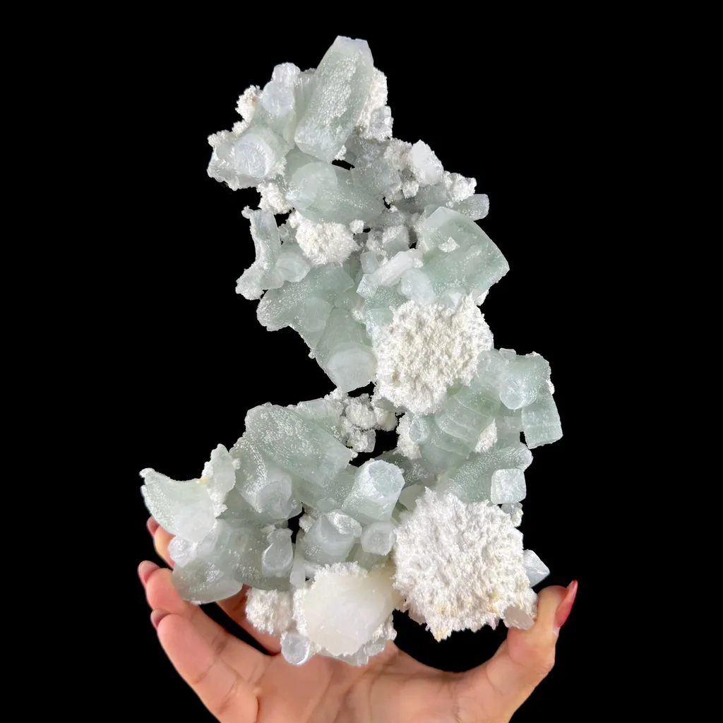 Green Apophyllite with Cotton-Ball Mordenite & Stilbite - Raw Indian Zeolite Cluster from Ahilyanagar ,India image