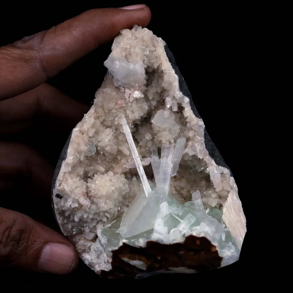 Green Apophyllite with Scolecite Spray Inside Heulandite Natural Mineral Specimen - image 3