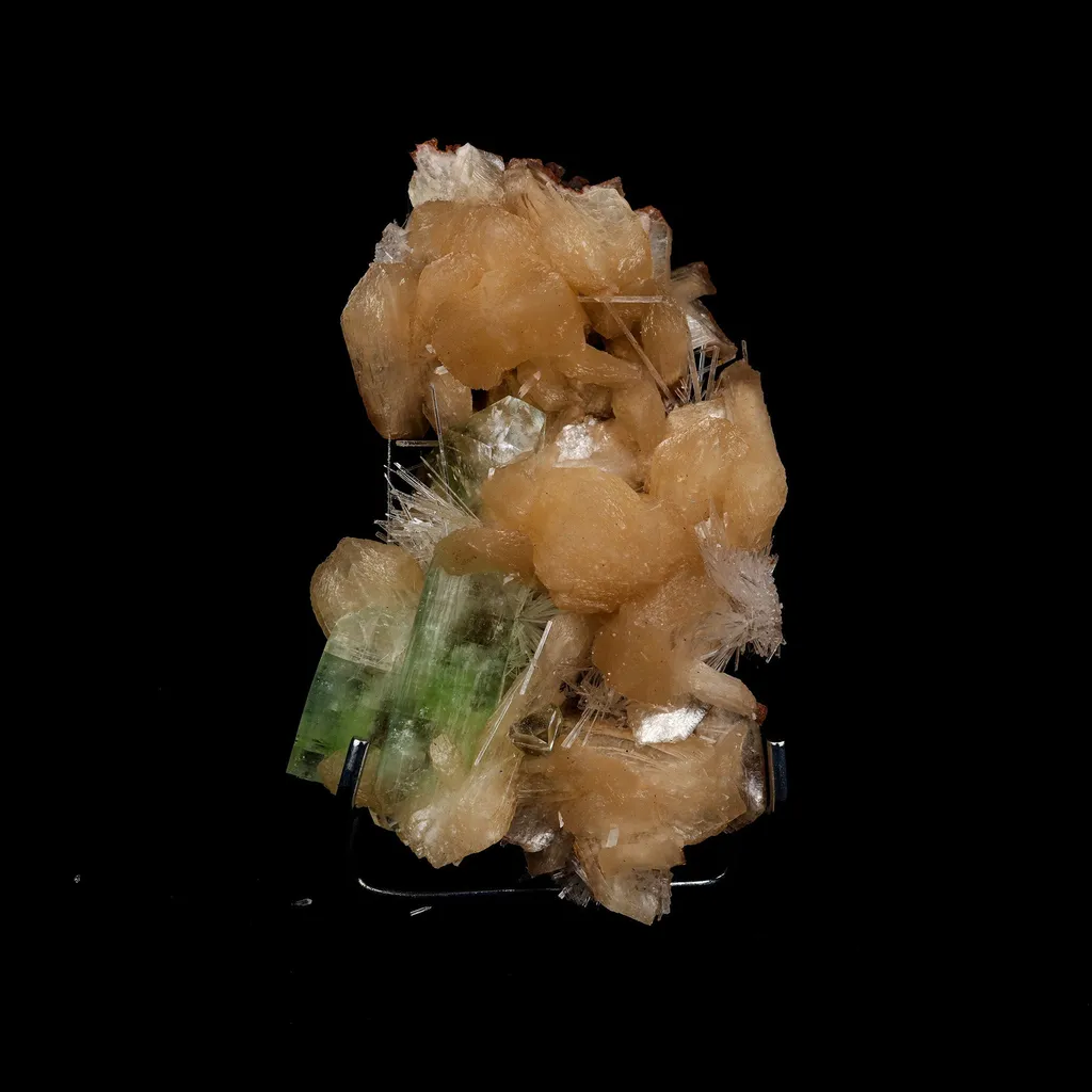 Green Apophyllite with Scolecite Sprays on Stilbite Natural Mineral Specimen image