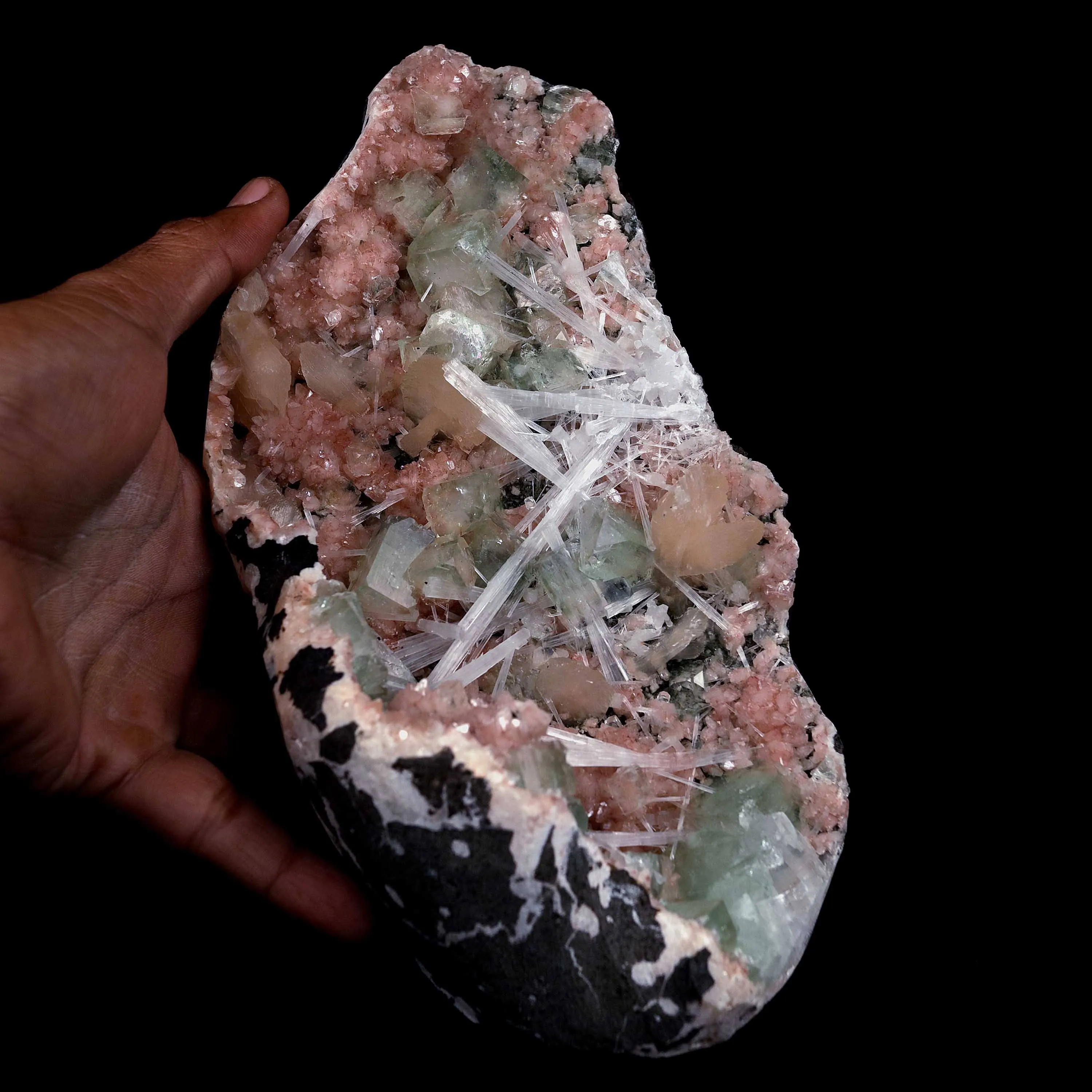 Green Apophyllite with Scolecite Sprays on Stilbite Natural Mineral Specimen - image 4