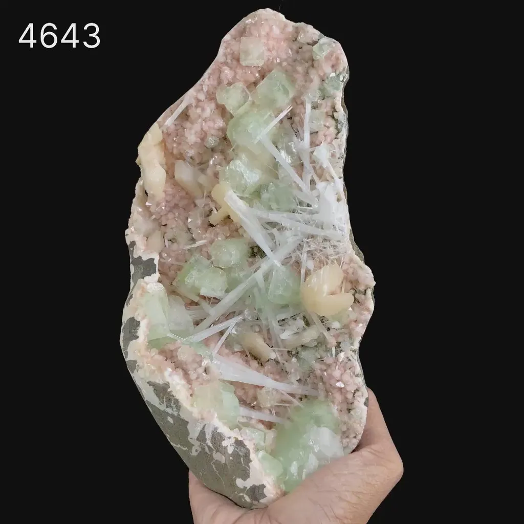 Green Apophyllite with Scolecite Sprays on Stilbite Natural Mineral Specimen - image 9
