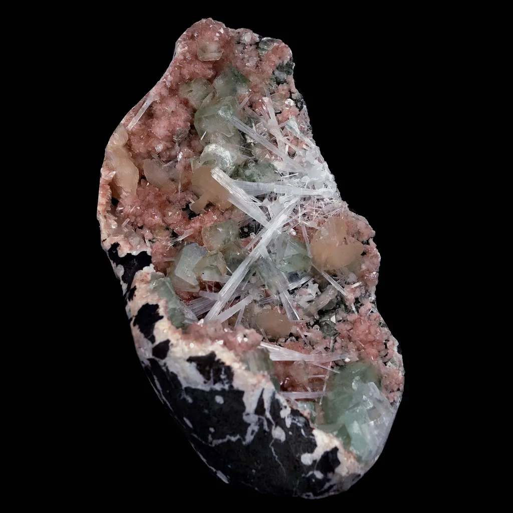 Green Apophyllite with Scolecite Sprays on Stilbite Natural Mineral Specimen image