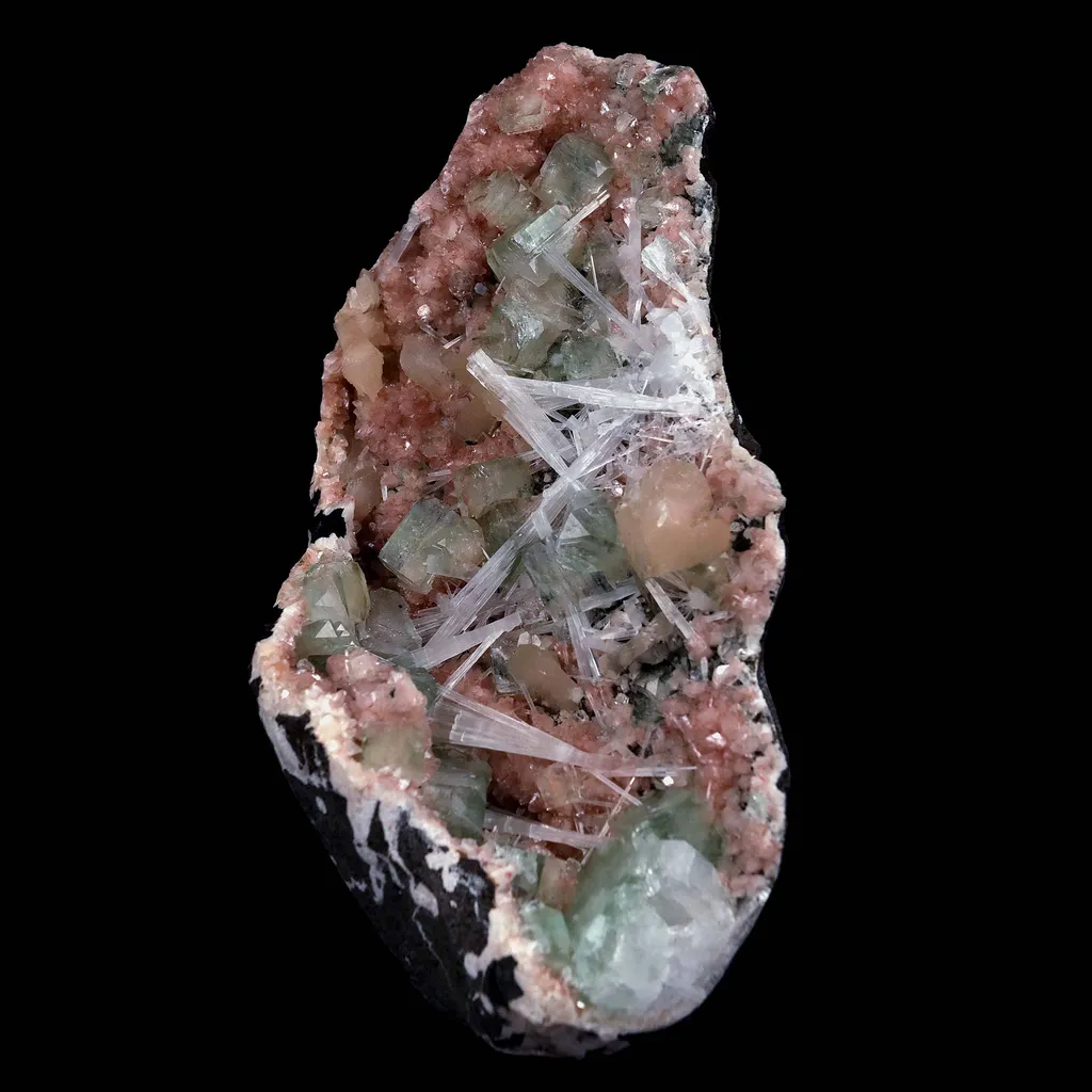 Green Apophyllite with Scolecite Sprays on Stilbite Natural Mineral Specimen - image 2