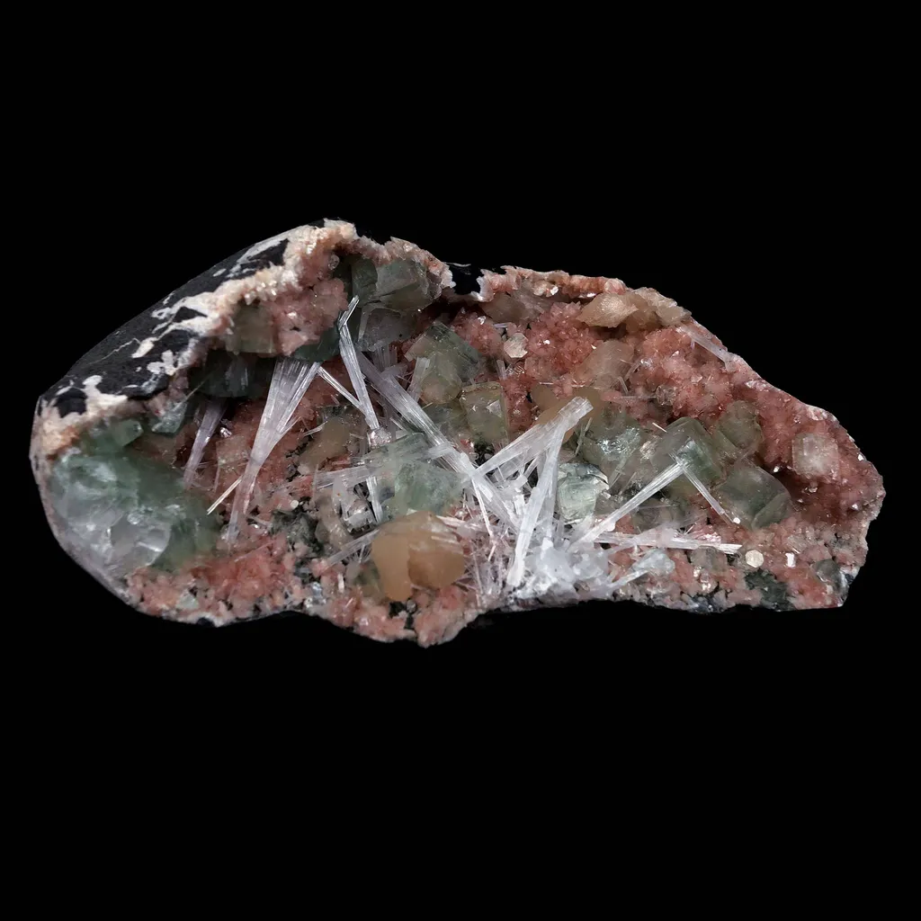 Green Apophyllite with Scolecite Sprays on Stilbite Natural Mineral Specimen - image 7