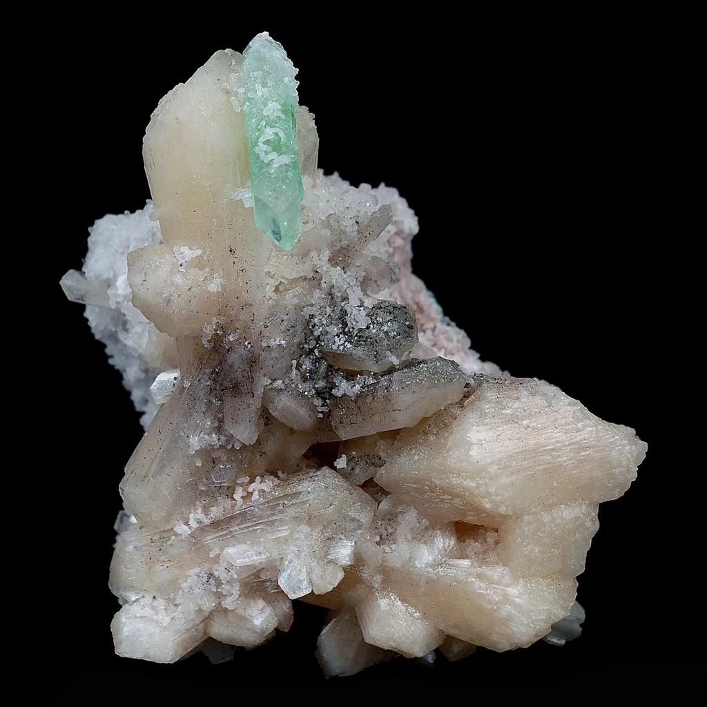 Green Apophyllite with Stilbite on Chalcedony Natural Mineral Specimen image