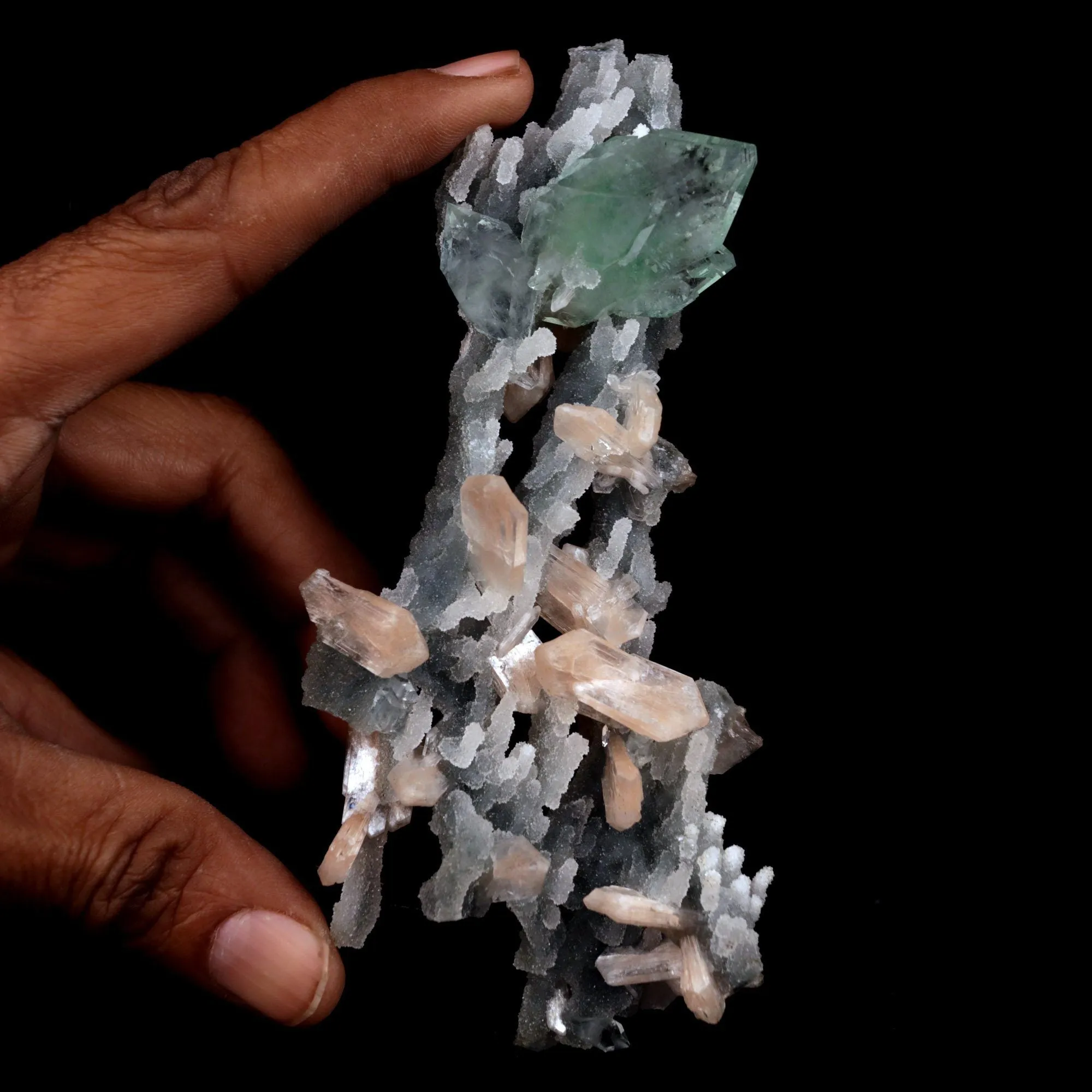 Green Apophyllite with Stilbite on Chalcedony Stalactite Natural Mineral Specimen - image 4