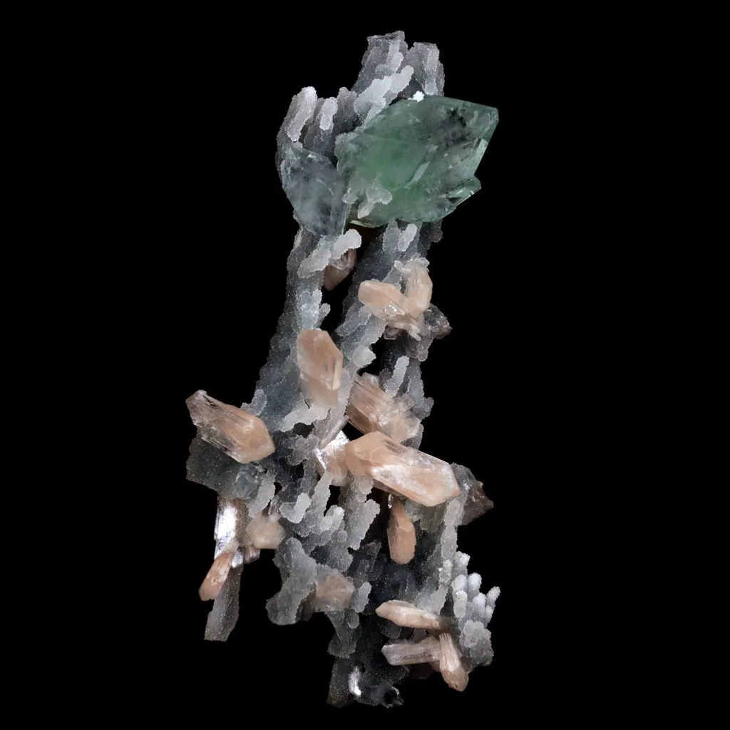 Green Apophyllite with Stilbite on Chalcedony Stalactite Natural Mineral Specimen image