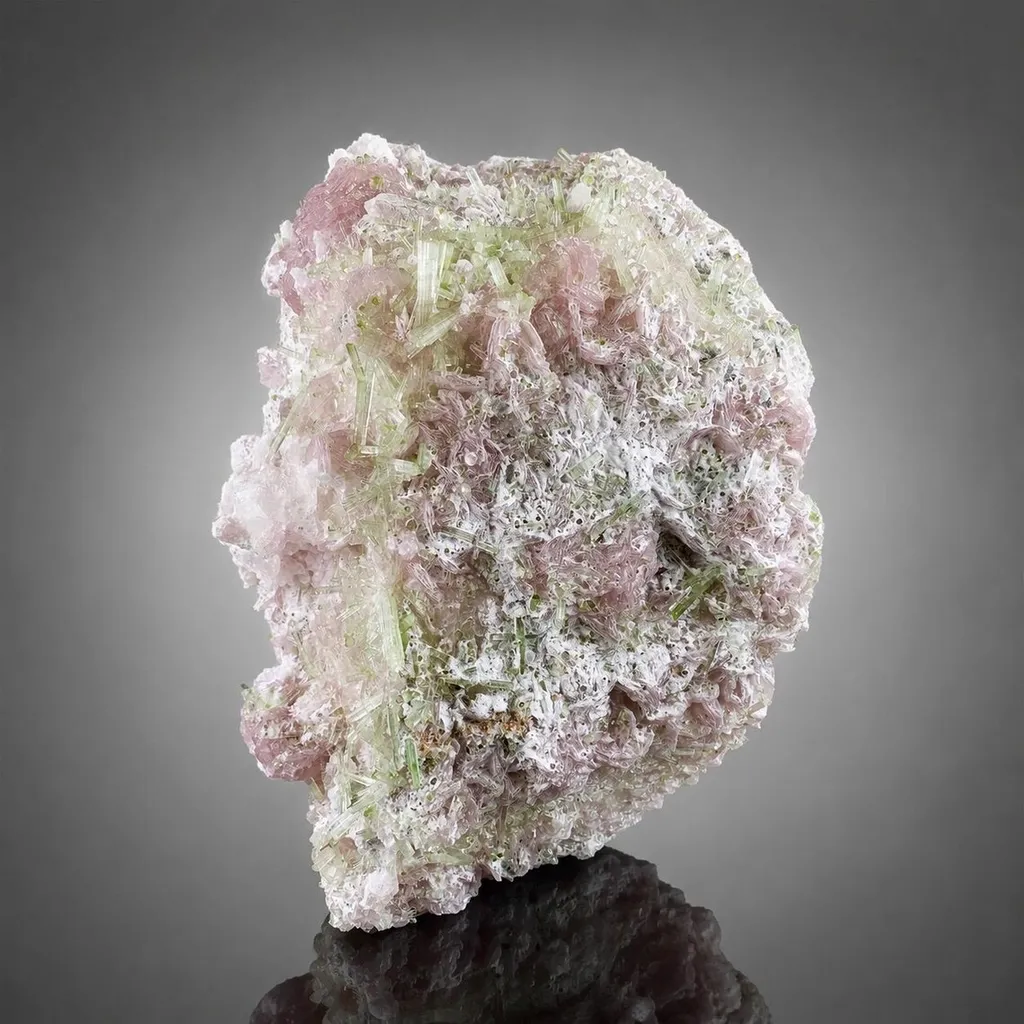 Green Tourmaline Bunch with Rare Etched Pollucite on Pink Lepidolite from Pakistan - image 3