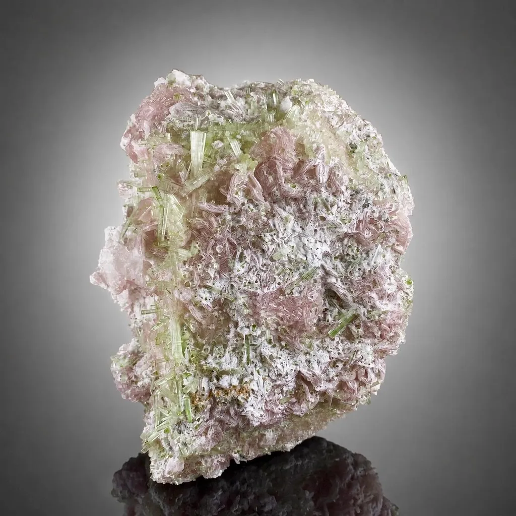 Green Tourmaline Bunch with Rare Etched Pollucite on Pink Lepidolite from Pakistan image