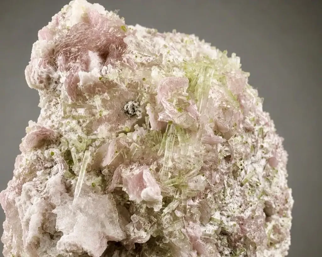 Green Tourmaline Bunch with Rare Etched Pollucite on Pink Lepidolite from Pakistan - image 8