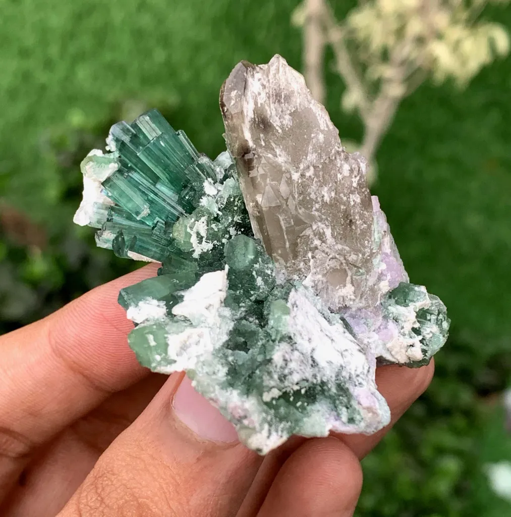 Green Tourmaline Crystals Bunch with Lepidolite and Quartz from Pakistan - image 4