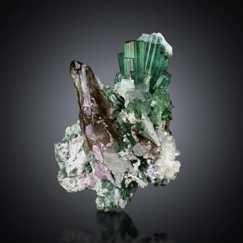 Green Tourmaline Crystals Bunch with Lepidolite and Quartz from Pakistan image
