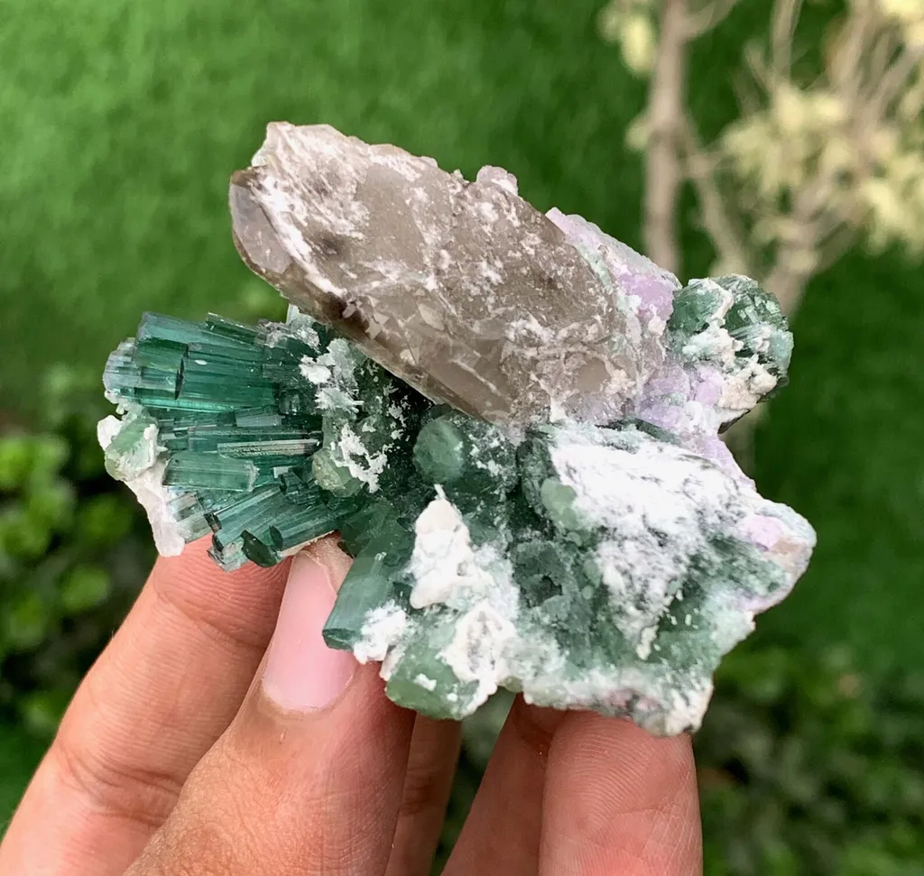 Green Tourmaline Crystals Bunch with Lepidolite and Quartz from Pakistan - image 5