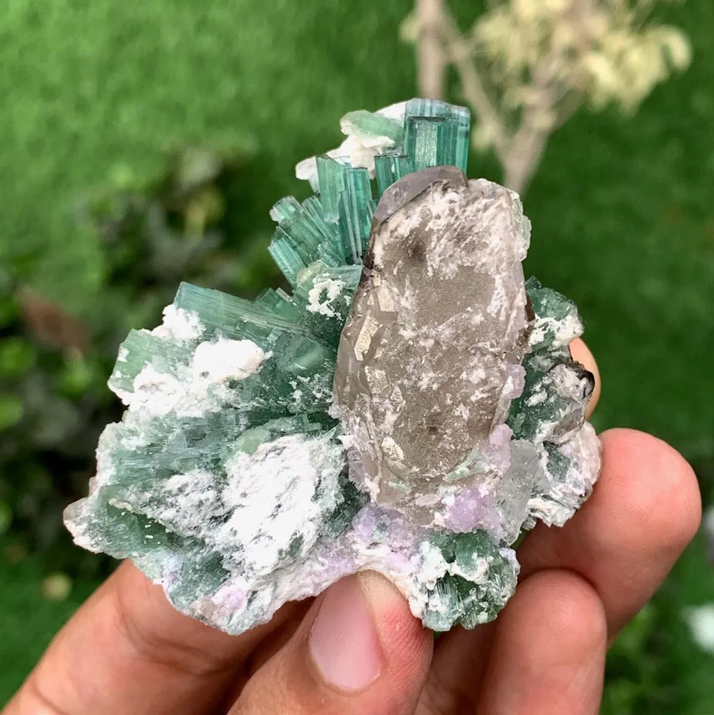 Green Tourmaline Crystals Bunch with Lepidolite and Quartz from Pakistan - image 6