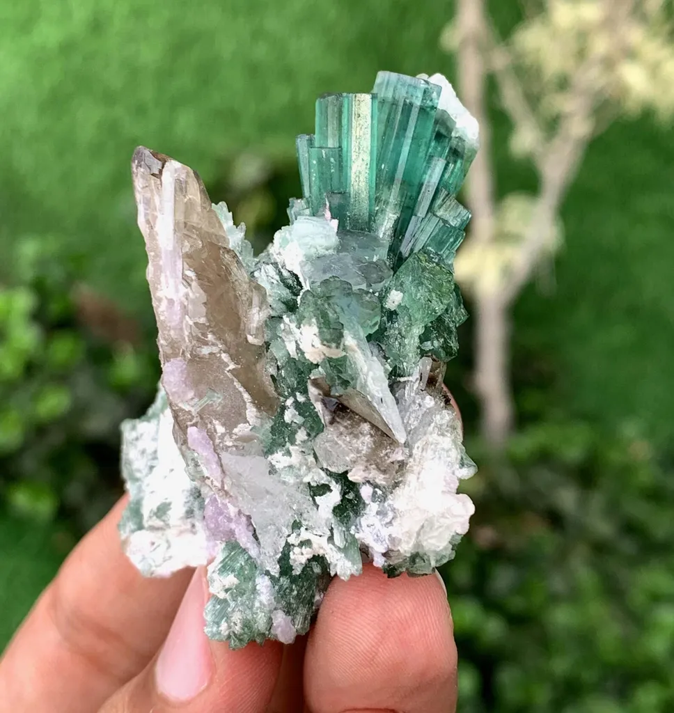 Green Tourmaline Crystals Bunch with Lepidolite and Quartz from Pakistan - image 3