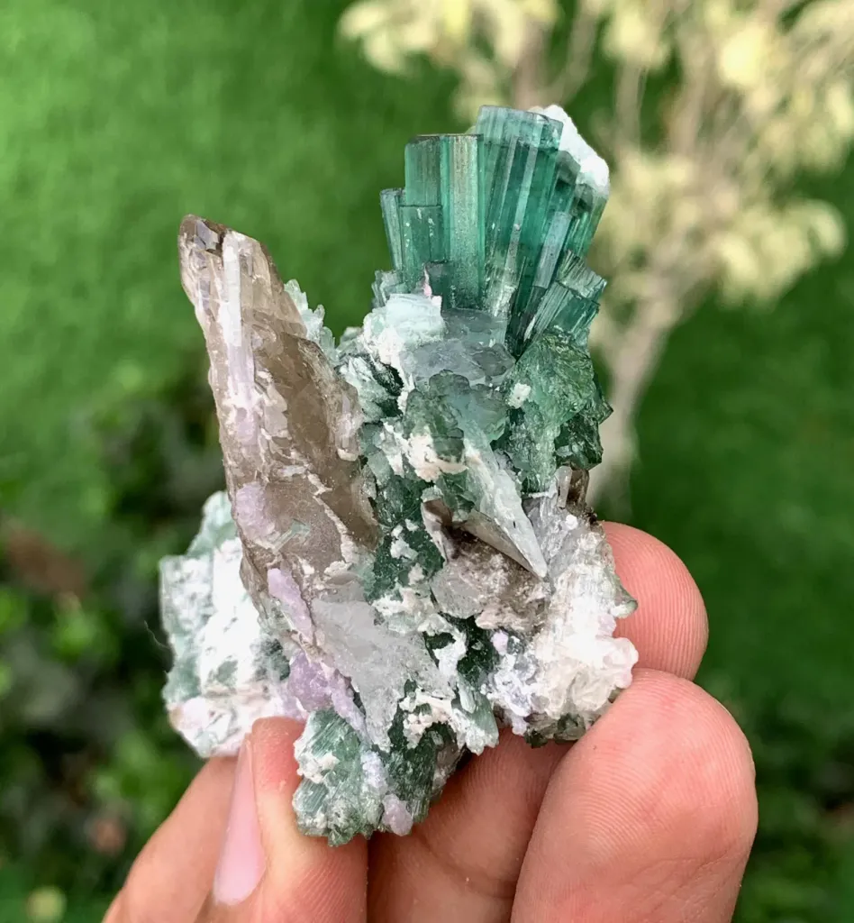 Green Tourmaline Crystals Bunch with Lepidolite and Quartz from Pakistan - image 7