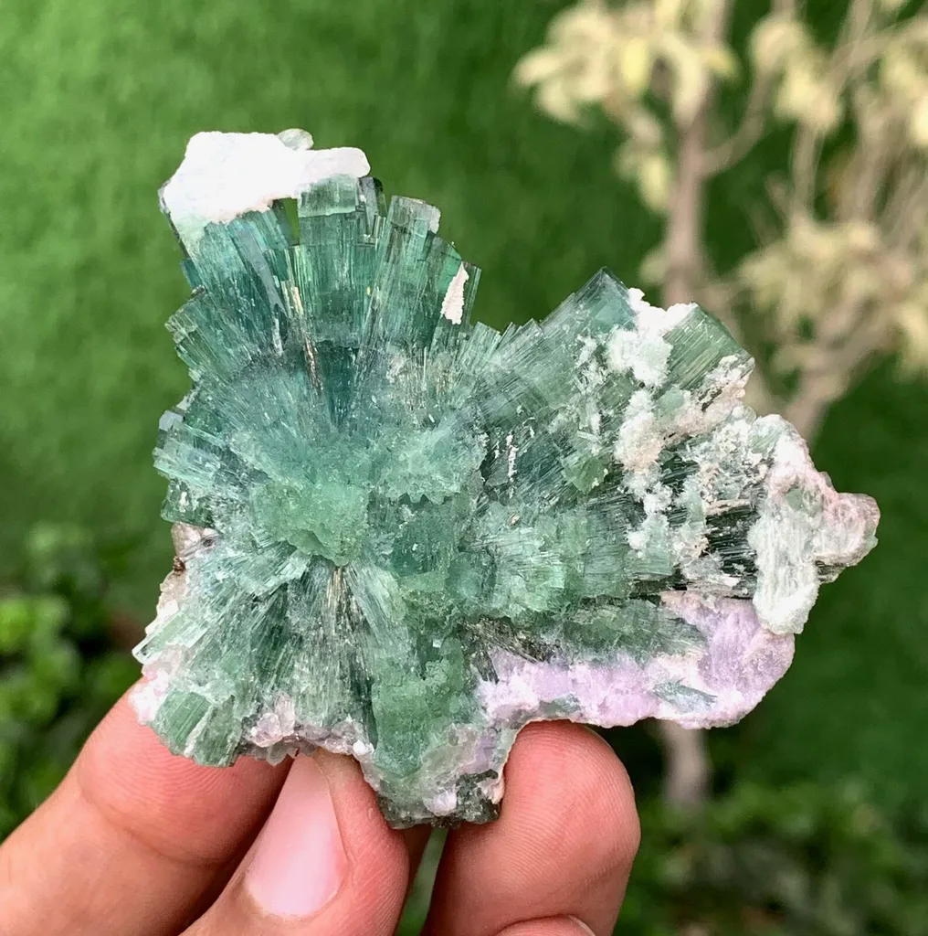 Green Tourmaline Crystals Bunch with Lepidolite and Quartz from Pakistan - image 8