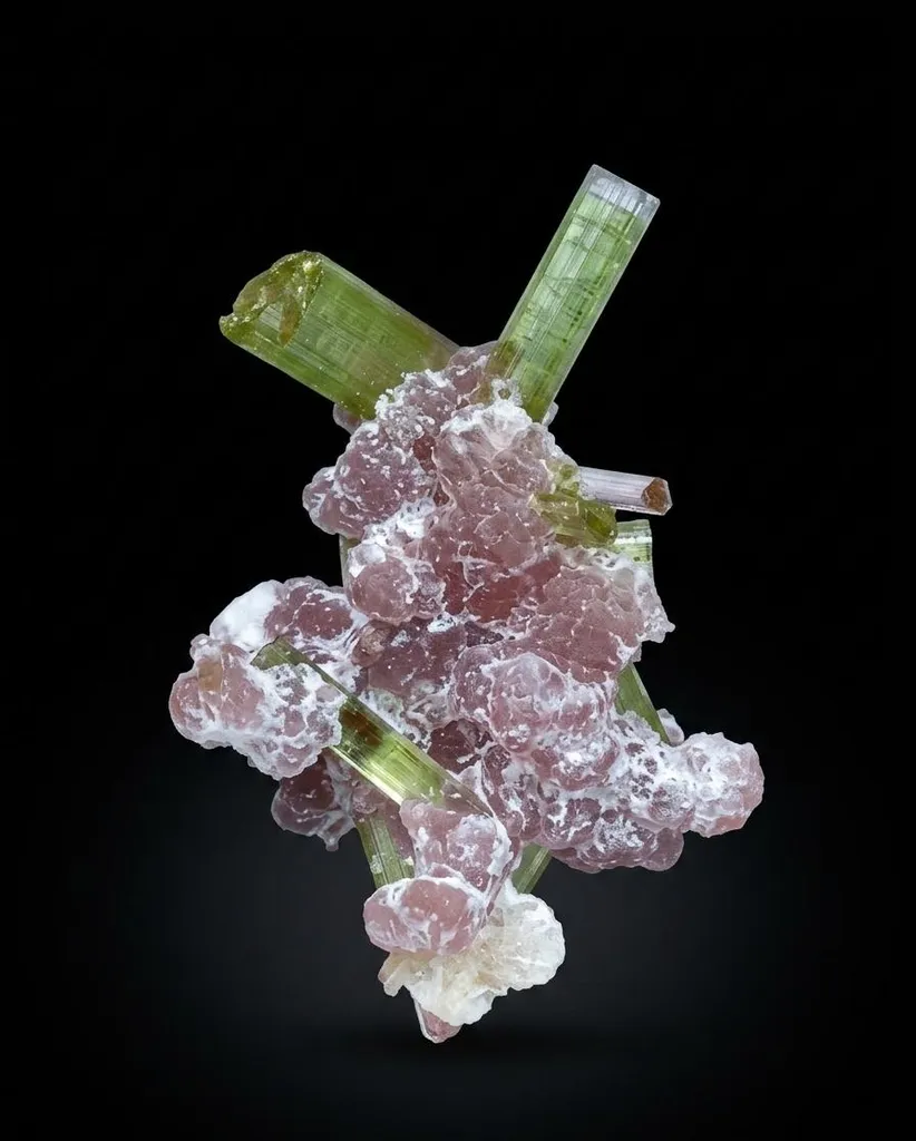 Green Tourmaline on Pink Smithsonite – Paprok Mine, Afghanistan image