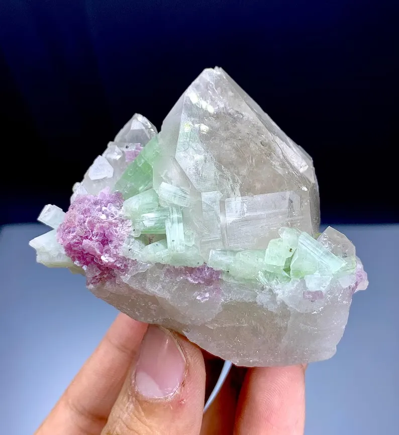 Green Tourmalines with Pink Lepidolite on Quartz from Afghanistan - image 2