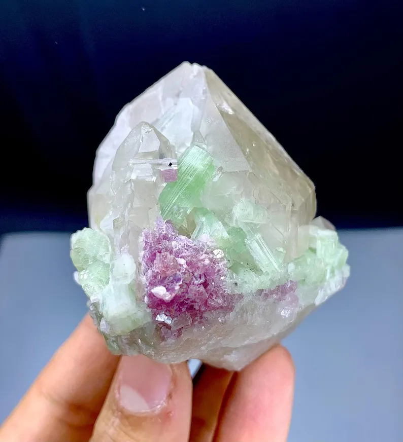 Green Tourmalines with Pink Lepidolite on Quartz from Afghanistan - image 3