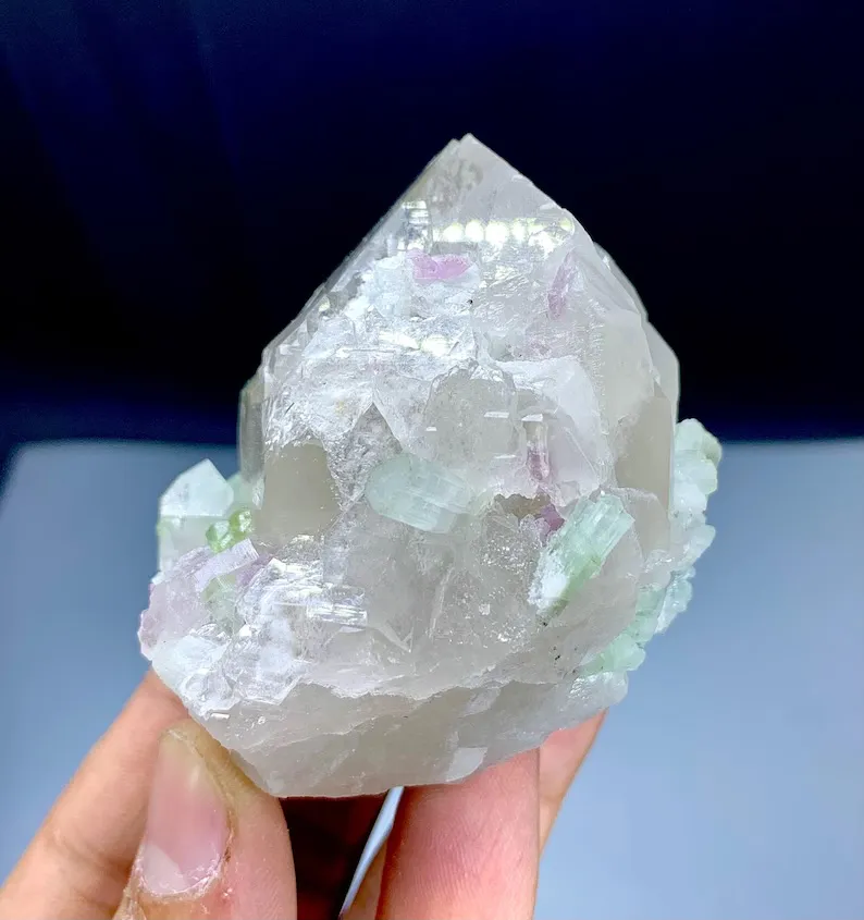 Green Tourmalines with Pink Lepidolite on Quartz from Afghanistan - image 5