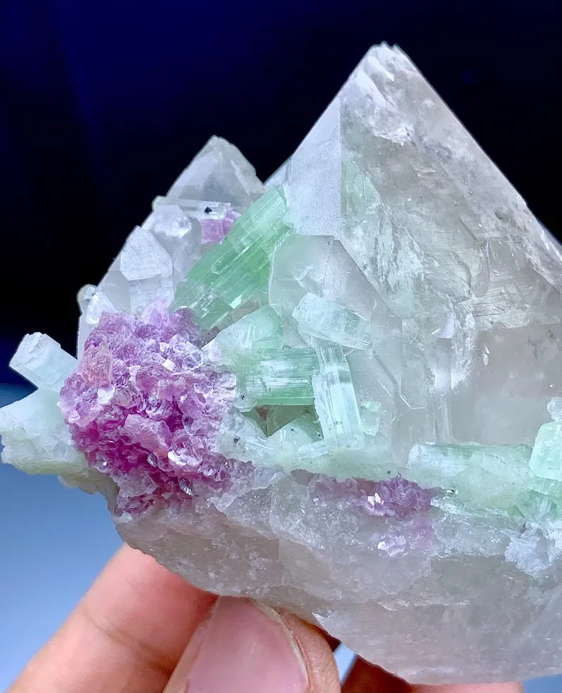 Green Tourmalines with Pink Lepidolite on Quartz from Afghanistan - image 4
