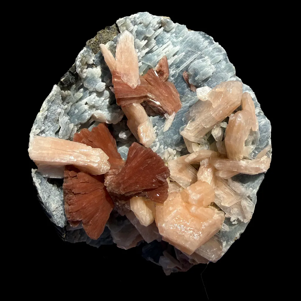 Heulandite & Peach Stilbite on Sparkling Icy-Blue Chalcedony Matrix – Rare Indian Zeolite Mineral Specimen from Maharashtra image