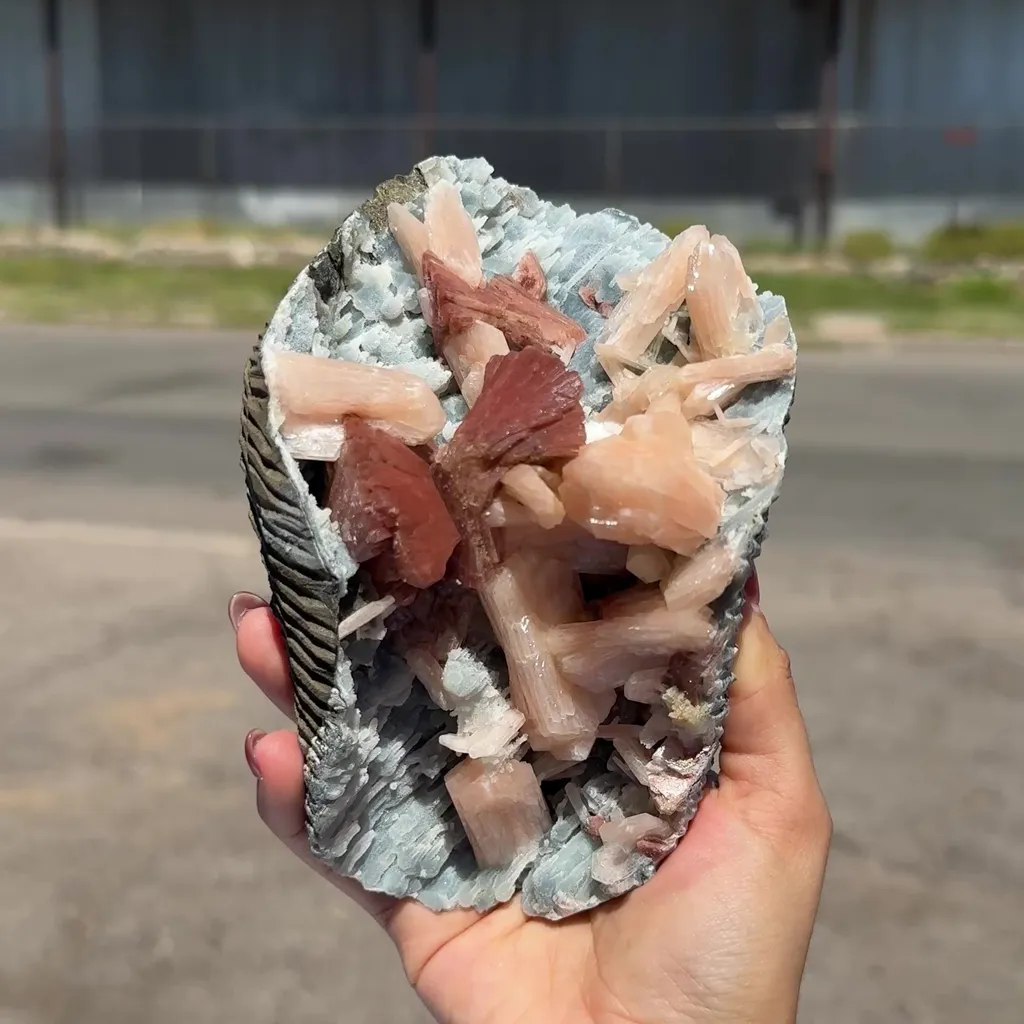 Heulandite & Peach Stilbite on Sparkling Icy-Blue Chalcedony Matrix – Rare Indian Zeolite Mineral Specimen from Maharashtra - image 2