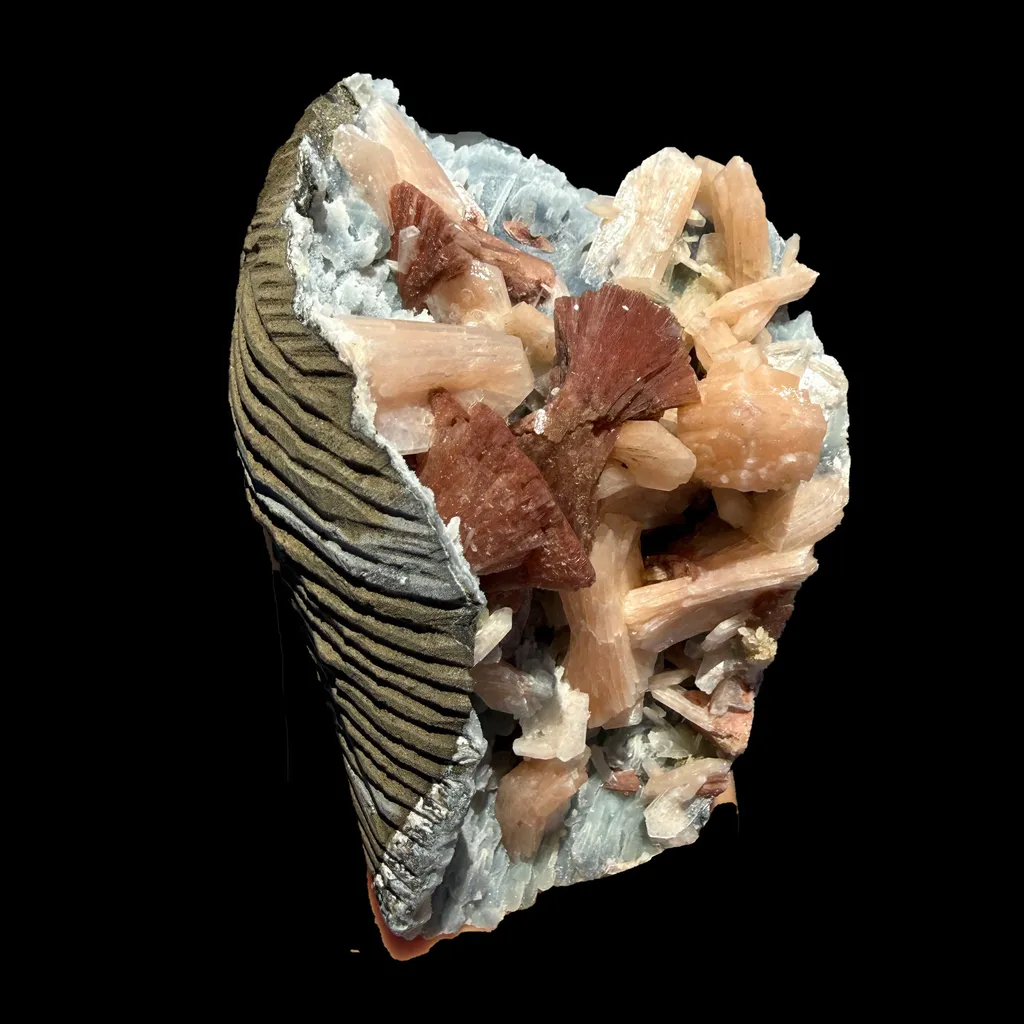 Heulandite & Peach Stilbite on Sparkling Icy-Blue Chalcedony Matrix – Rare Indian Zeolite Mineral Specimen from Maharashtra - image 8