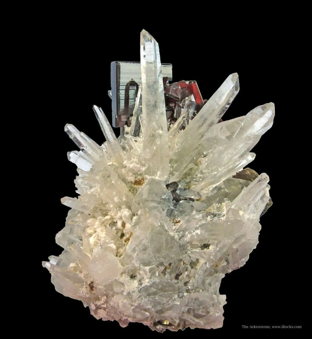 Hubnerite on Quartz, With Calcite (Fluorescent) and Scheelite (?) - image 3