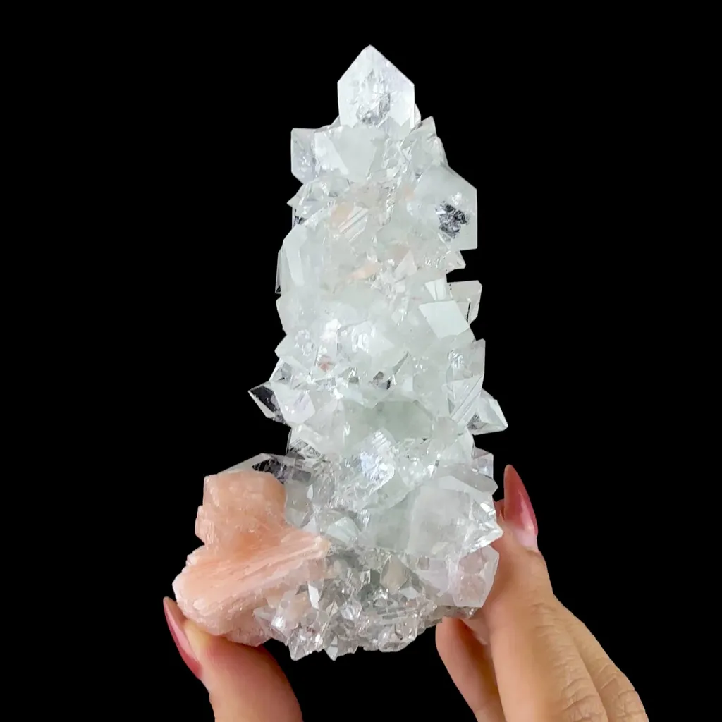 Icy Clear Apophyllite Pyramid Cluster with Stilbite – Zeolite Mineral Specimen from Jalgaon,India - image 2
