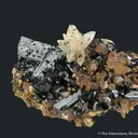 Ilvaite, Calcite, Quartz on Hedenbergite - image 1