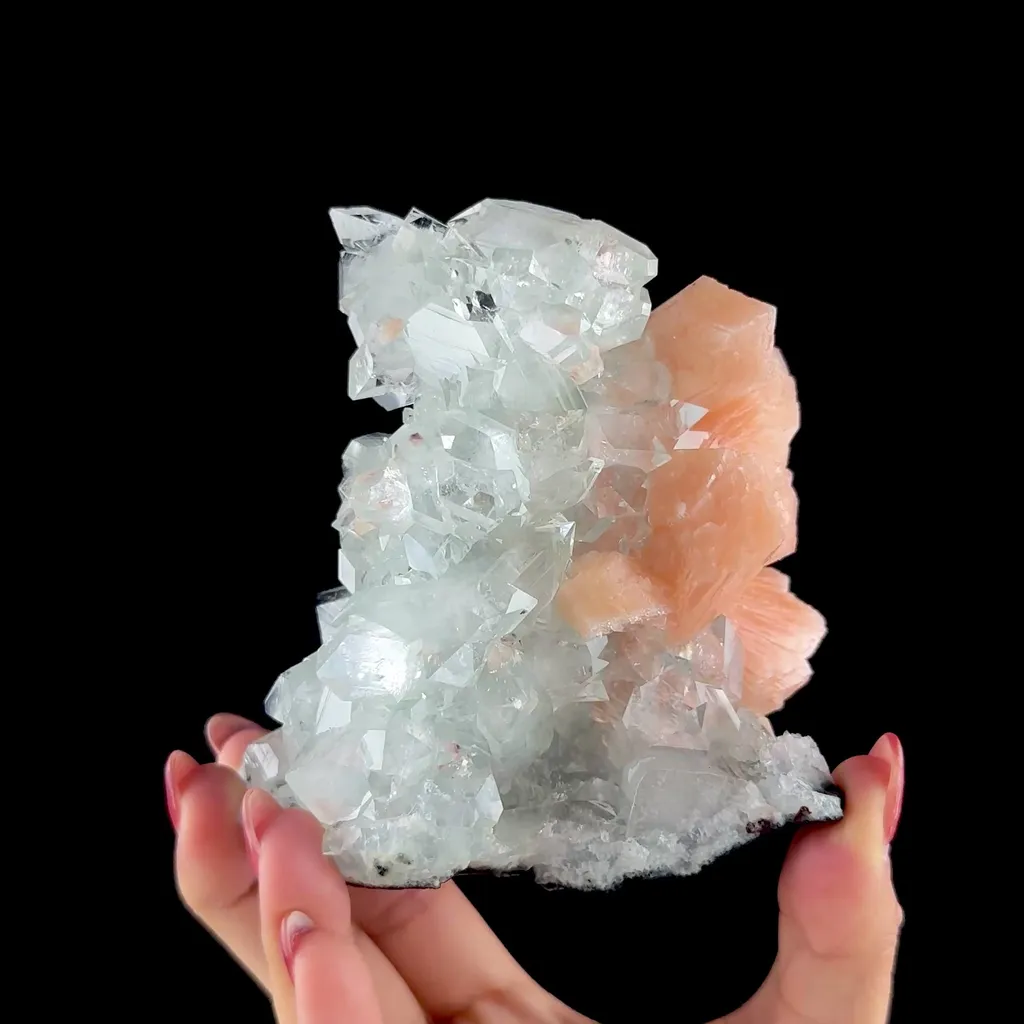 Lustrous Apophyllite Pyramid Cluster on Peach Stilbite - Natural Indian Zeolite from Jalgaon - image 2