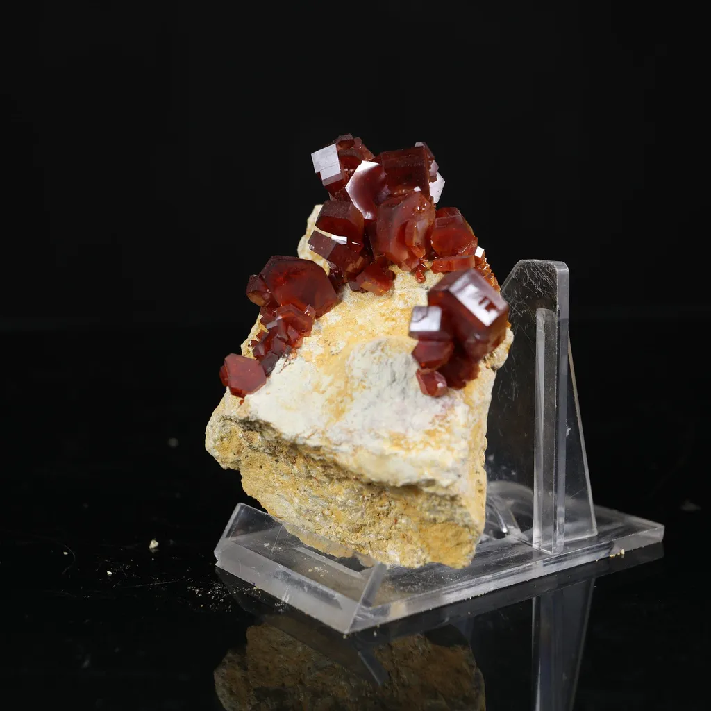 Lustrous Deep Red-Orange Vanadinite Crystals on Natural Matrix - Classic Collector Specimen from Mibladen, Morocco - image 3