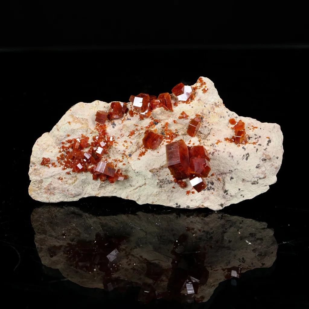 Lustrous Deep Red-Orange Vanadinite Crystals on Natural Matrix - Classic Collector Specimen from Mibladen, Morocco image