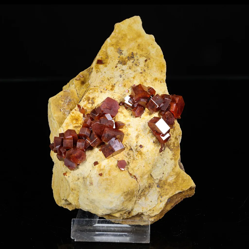 Lustrous Deep Red-Orange Vanadinite Crystals on Natural Matrix - Classic Collector Specimen from Mibladen, Morocco image