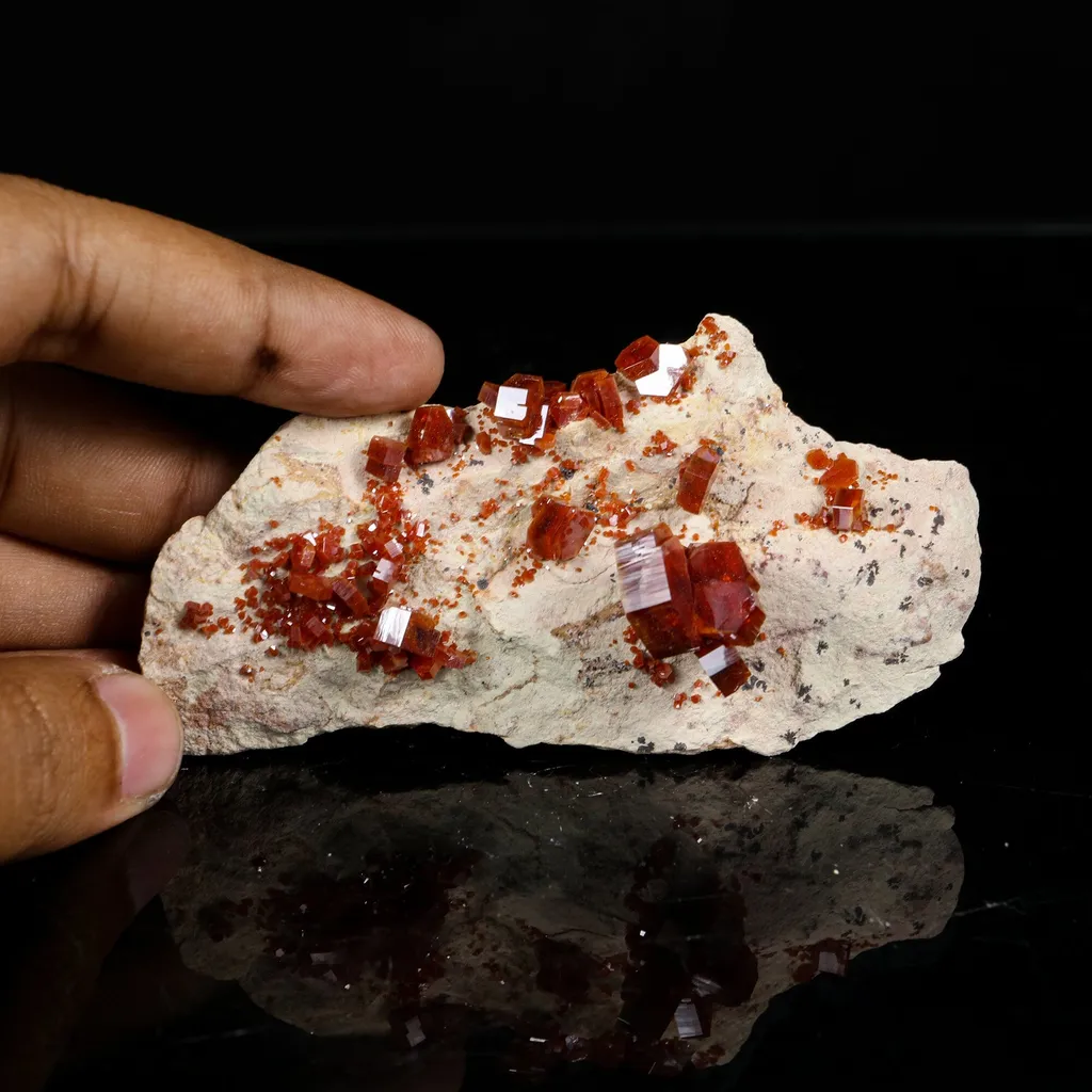 Lustrous Deep Red-Orange Vanadinite Crystals on Natural Matrix - Classic Collector Specimen from Mibladen, Morocco - image 4