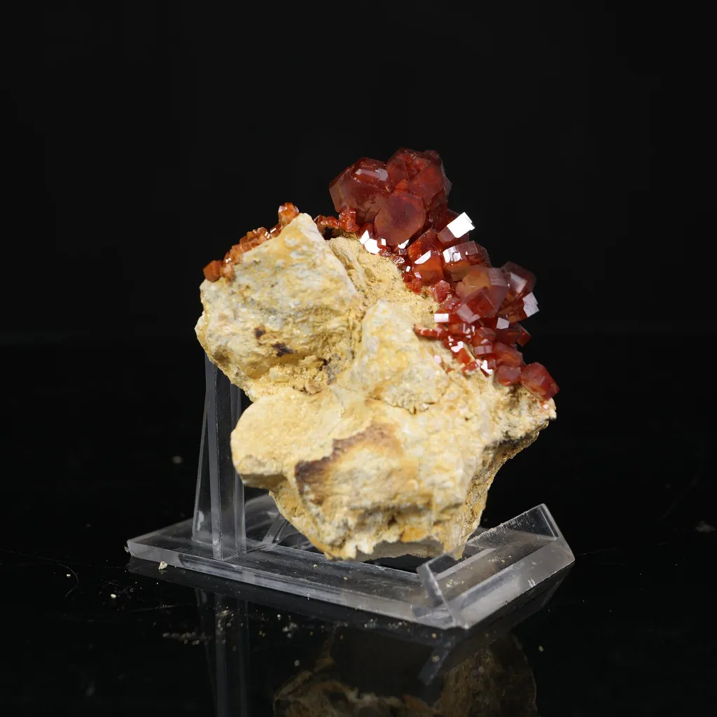 Lustrous Deep Red-Orange Vanadinite Crystals on Natural Matrix - Classic Collector Specimen from Mibladen, Morocco - image 2