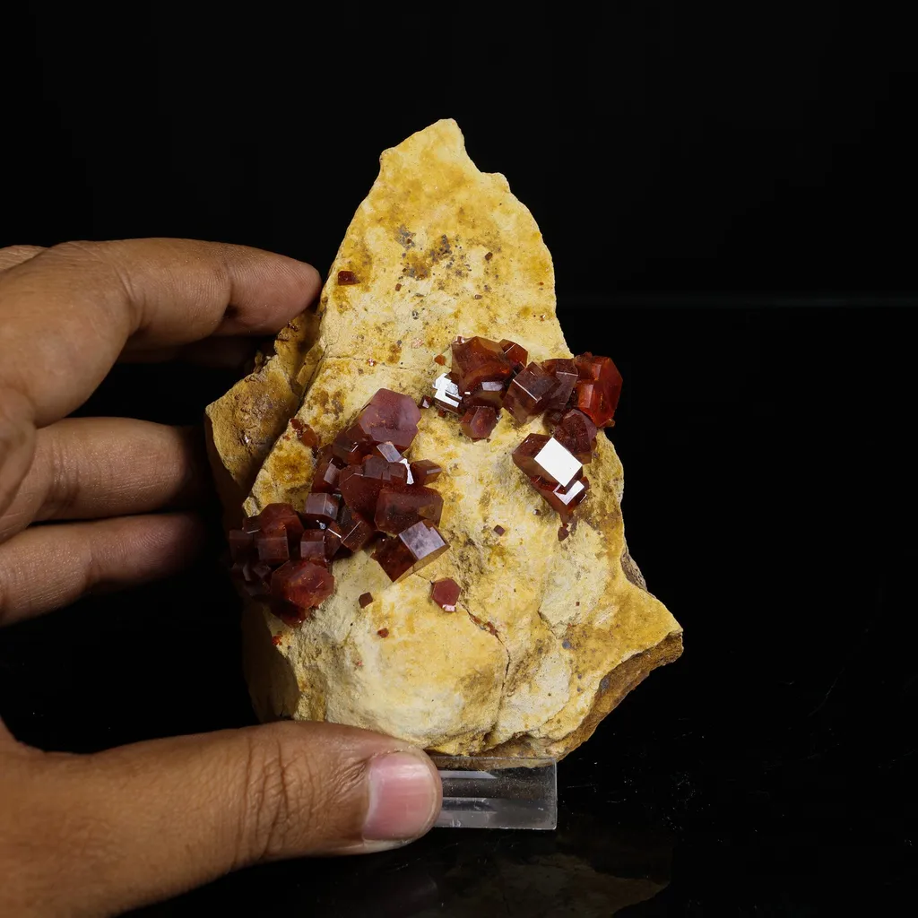 Lustrous Deep Red-Orange Vanadinite Crystals on Natural Matrix - Classic Collector Specimen from Mibladen, Morocco - image 4