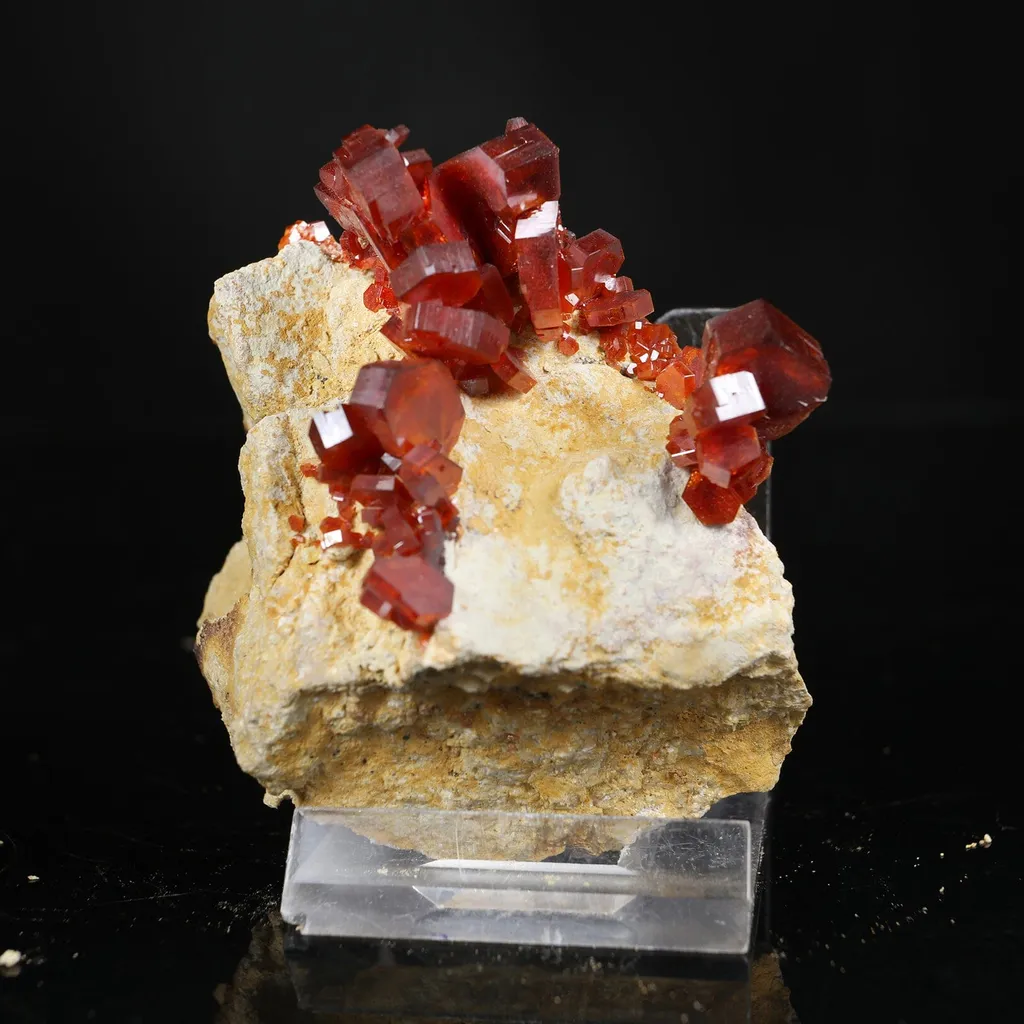Lustrous Deep Red-Orange Vanadinite Crystals on Natural Matrix - Classic Collector Specimen from Mibladen, Morocco image