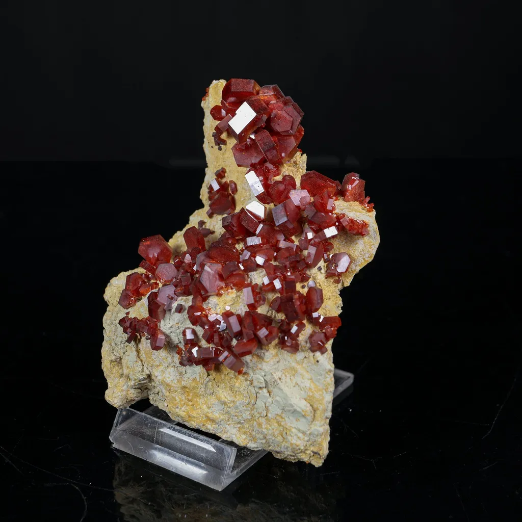 Lustrous Deep Red-Orange Vanadinite Crystals on Natural Matrix - Classic Collector Specimen from Mibladen, Morocco - image 2