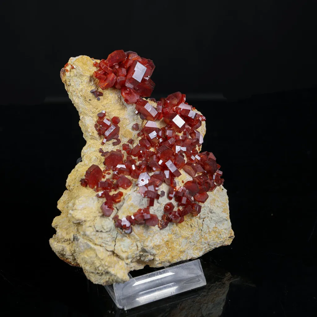 Lustrous Deep Red-Orange Vanadinite Crystals on Natural Matrix - Classic Collector Specimen from Mibladen, Morocco - image 3