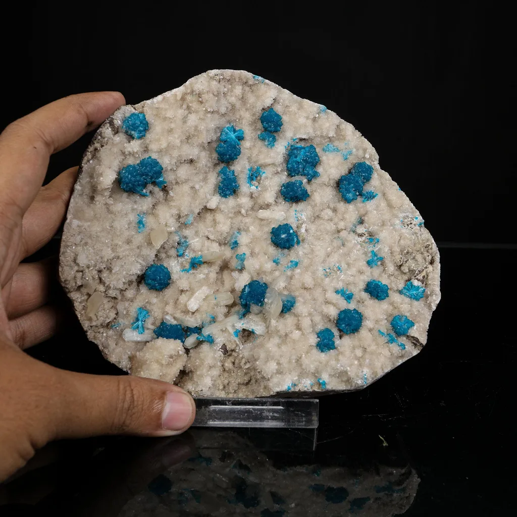 Lustrous Electric-Blue Cavansite Rosette with Stilbite on Sparkling Heulandite Matrix – Rare Indian Zeolite Mineral Specimen from Pune - image 4
