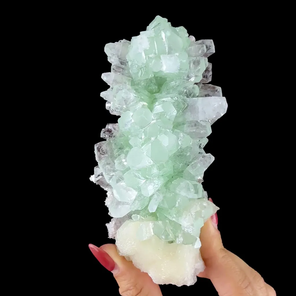 Lustrous Green Apophyllite Crystal Cluster on Stilbite Matrix - Natural Indian Mineral Specimen from Chhatrapati Sambhaji Nagar - image 2