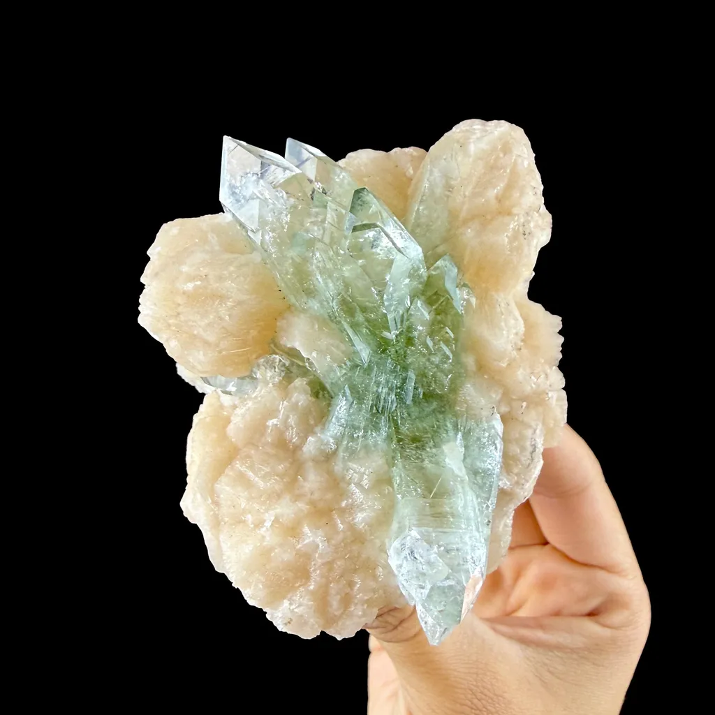 Lustrous Green Apophyllite Points on Stilbite Matrix - Natural Indian Zeolite from Jalgaon image