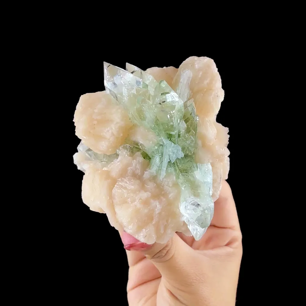 Lustrous Green Apophyllite Points on Stilbite Matrix - Natural Indian Zeolite from Jalgaon - image 2