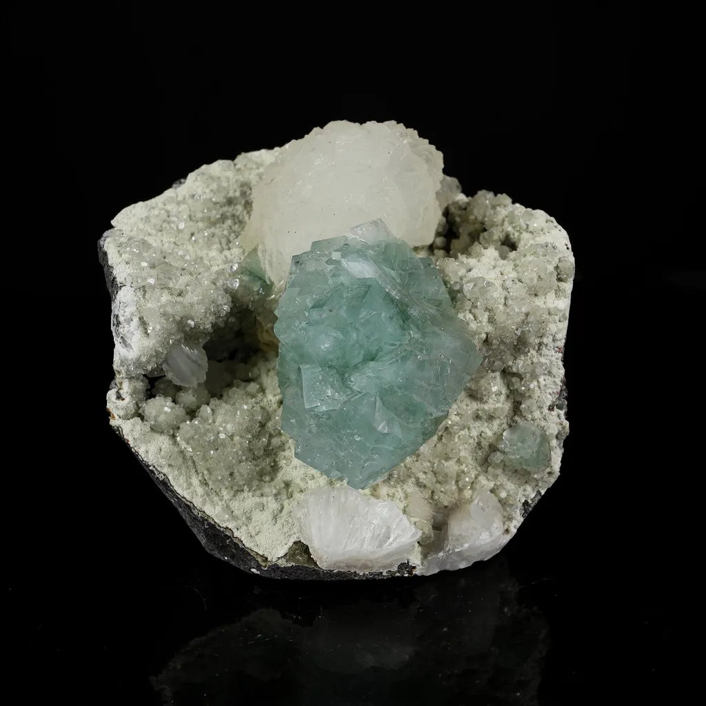 Lustrous Mint Green Apophyllite Cluster with Stilbite - Collector’s Specimen from Pune, Maharashtra image