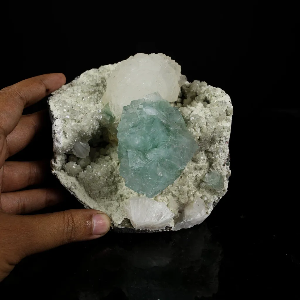 Lustrous Mint Green Apophyllite Cluster with Stilbite - Collector’s Specimen from Pune, Maharashtra - image 4
